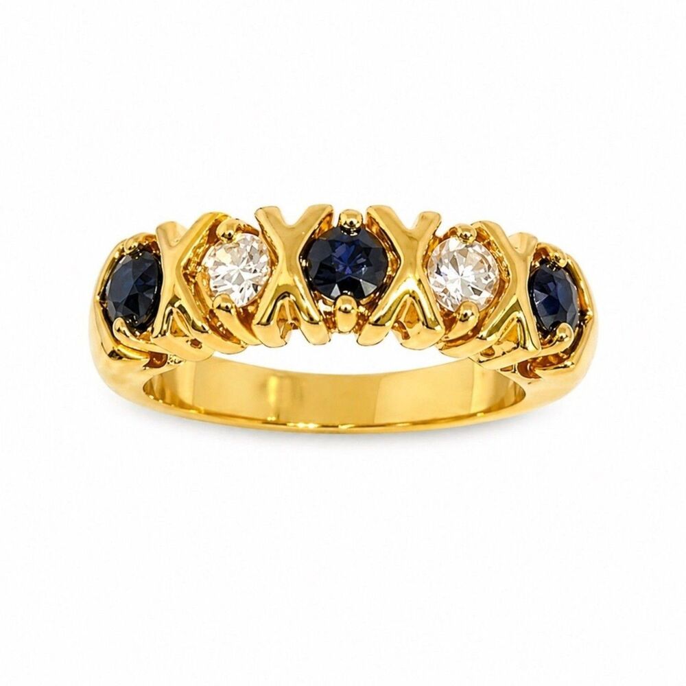 Vintage 1980s Ring Size 5 Uncas Genuine Sapphire XOXO Band CZ Gold Plated - 14I
